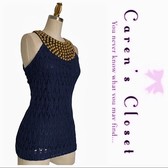 Trina Turk Navy Crochet. Boho Studded Tank Top - Picture 2 of 6